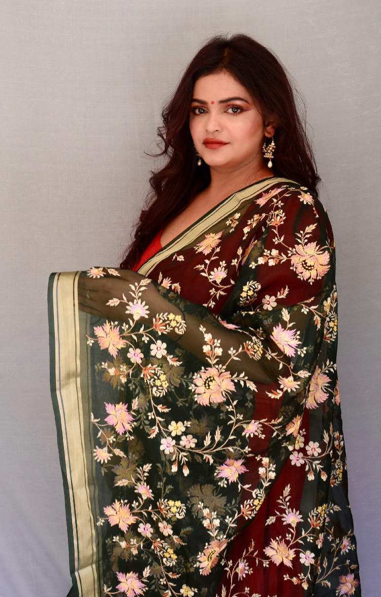 Organza Flower Thread Work Dark Green Dupatta - Vaaniari