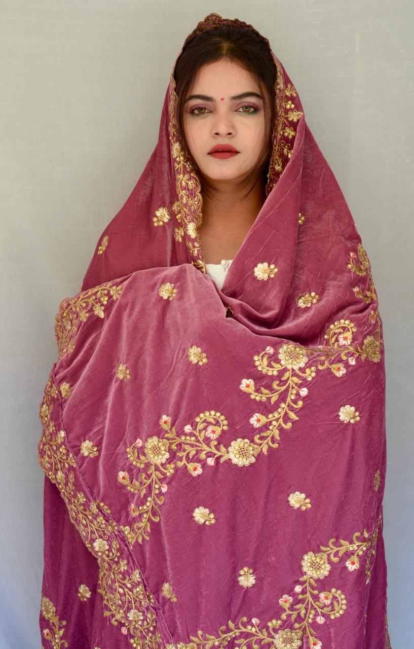 Heavy Zari work Gajri Velvet Dupatta - Vaaniari