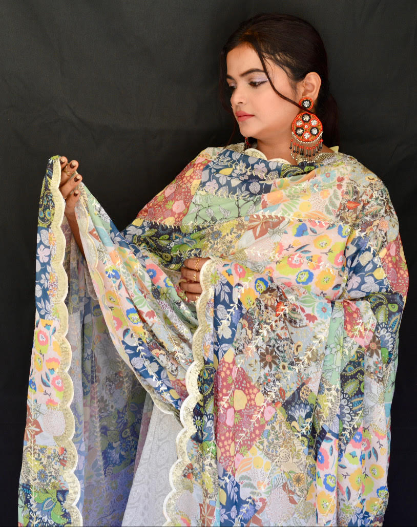 Georgette sequence Flower Blue Dupatta - Vaaniari