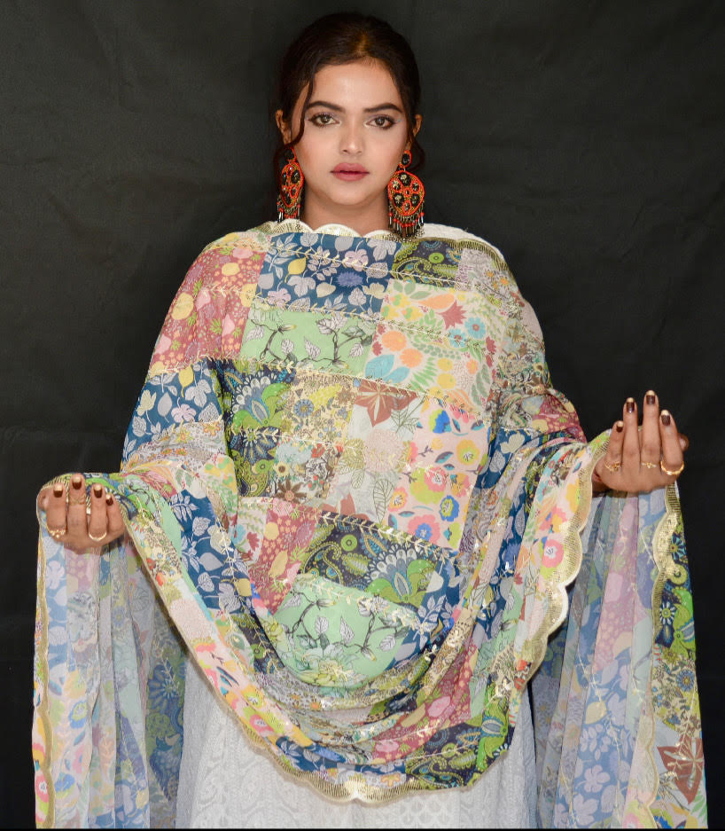 Georgette sequence Flower Blue Dupatta - Vaaniari