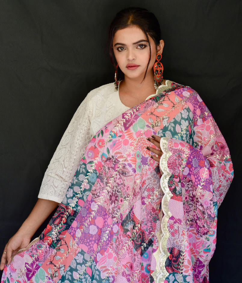 Georgette sequence Flower Pink Dupatta - Vaaniari