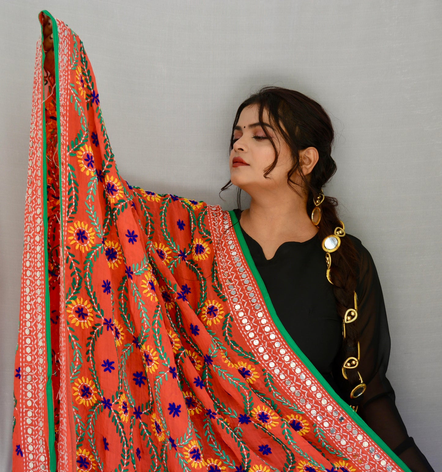 Georgette Phulkari Dupatta Orange - Vaaniari