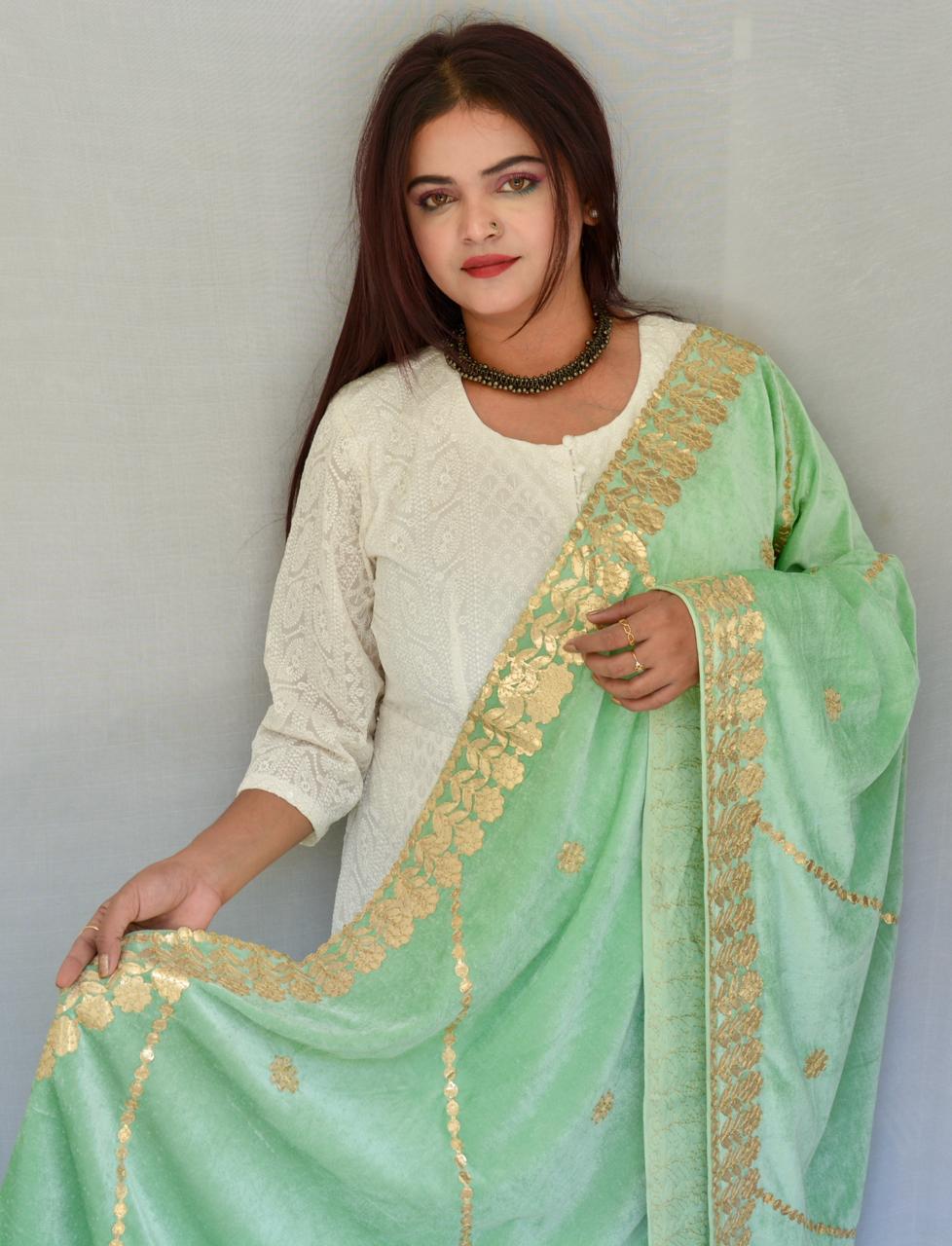 Gotta patti Pista Green Velvet dupatta - Vaaniari