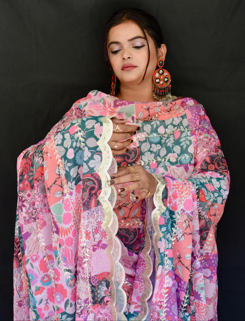 Georgette sequence Flower Pink Dupatta - Vaaniari