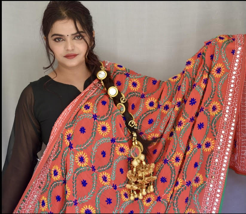Georgette Phulkari Dupatta Orange - Vaaniari
