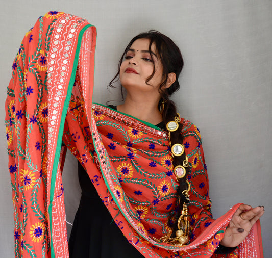 Georgette Phulkari Dupatta Orange - Vaaniari
