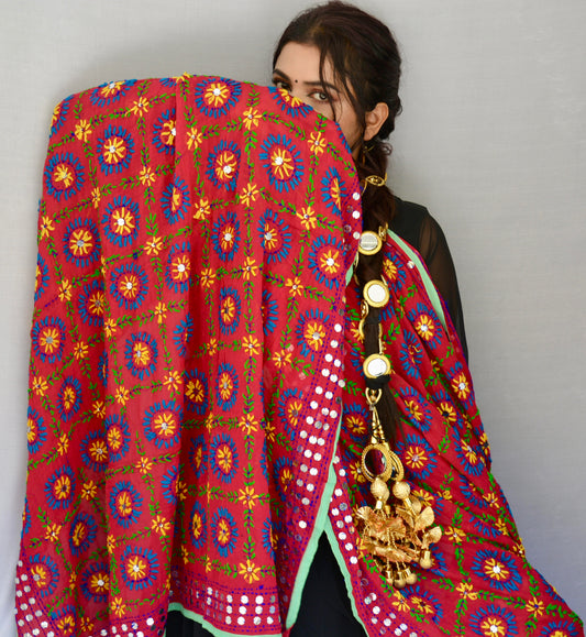 Phulkari Duppatta Square Design Red